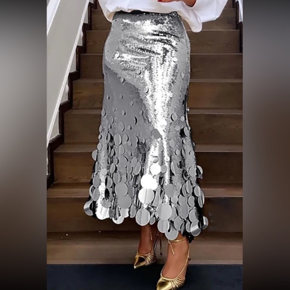 🎉Plus Size Elegant Gold Or Silver Long Sequin Formal Midi Skirt - Picture 16 of 16